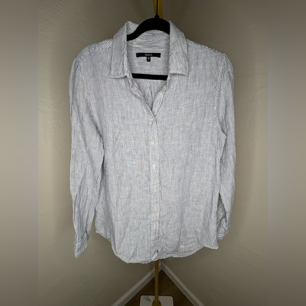 Quince 100% Linen Blue White Striped Button Down Shirt Women’s Small